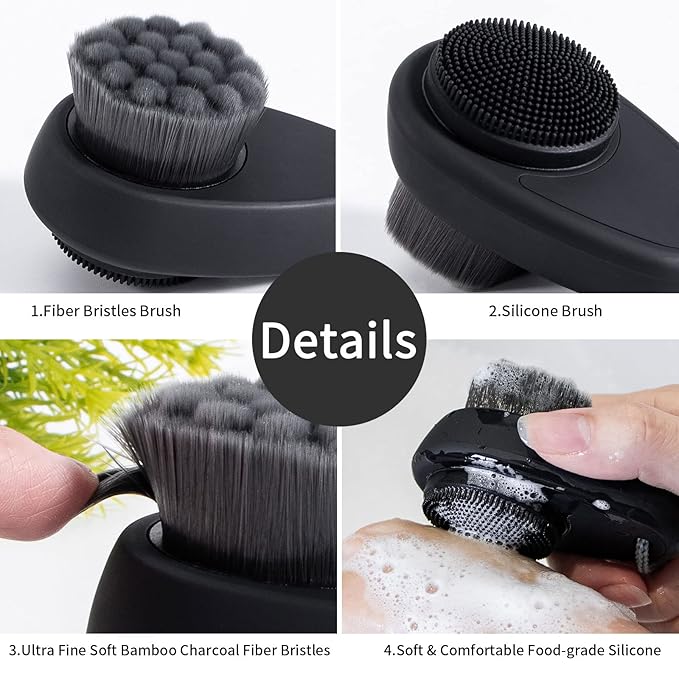 2 Pack Facial Cleansing Brush 2 in 1 for Face Exfoliation, Soft Bamboo Charcoal Microfiber Bristle Dual Face Silicone Scrubber Brush for Pore Deep Cleansing Skincare with Lid, Black+Gradient