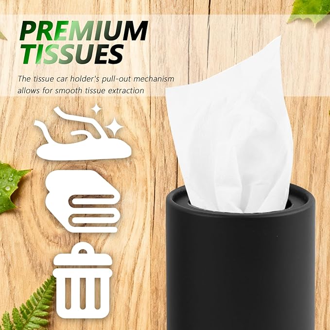 4PCS Car Tissue Holder,Pull Out Minimalist Car Tissues Cylinder with 30-Count Facial Tissue Per Box,Portable Cup Holder Tissues for Cars as Cars Trash Can/Coin Holders (Black)