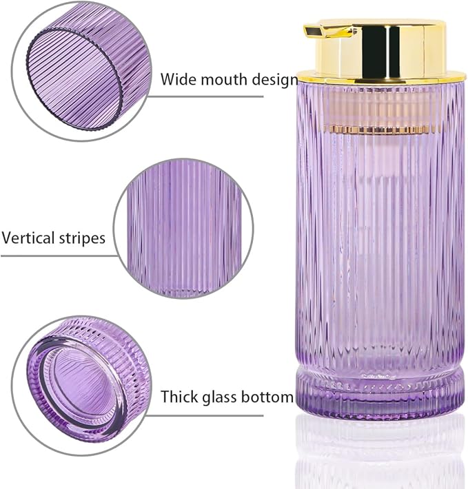 Tonxus Foaming Soap Dispenser, 14 Oz Glass Foam Hand Soap Dispenser with Gold Pump, Purple Bathroom Refillable Liquid Lotion Pump Container Ribbed Bottle for Kitchen Countertop Decor