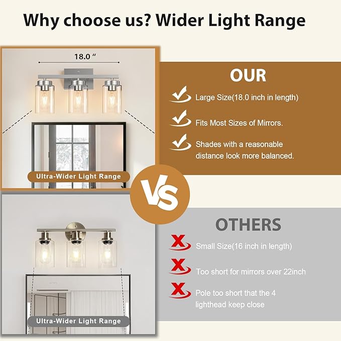 IZORRO Modern Bathroom Light Fixtures, 3 Light Brushed Nickel Vanity Lights, Bathroom Lighting Fixtures Over Mirror with Clear Glass for Living Room Cabinet Bedroom