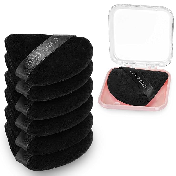 CUPID CARE 6 Pcs Triangle Powder Puff with 2 Travel Cases, Setting Powder Puffs for Face Powder and Foundation, Soft Velour Makeup Puff for Loose Powder Body Powder, Skin-Friendly, Beauty Makeup Tools