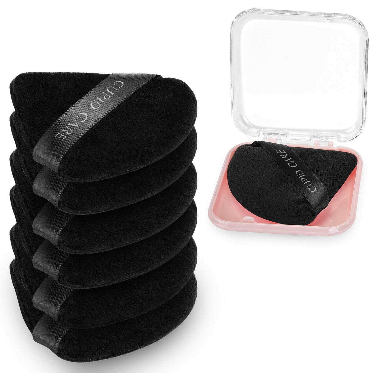 CUPID CARE 6 Pcs Triangle Powder Puff with 2 Travel Cases, Setting Powder Puffs for Face Powder and Foundation, Velour Makeup Puff for Loose Powder Body Powder, Skin-Friendly, Beauty Makeup Tools-Red