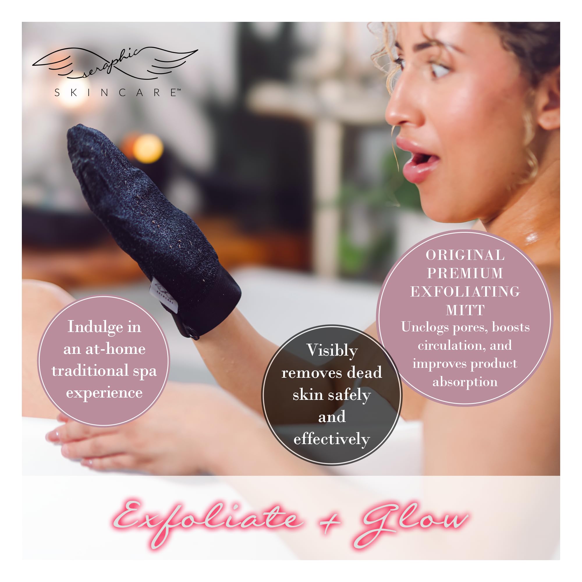 Seraphic Skincare Original Premium Exfoliating Mitt for Body (1pc) – 100% Vegan Viscose Traditional Body Scrub Glove Kessa Korean Washcloth – Body Exfoliator for Self-Tan Removal & Keratosis Pilaris