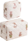 RSRSLEII 2 Pcs Quilted Cotton Makeup Bag Set, Small Aesthetic Cosmetic Bag with Bear Pattern, Cute Makeup Pouch for Purse, Kawaii Trendy Preppy Travel Toiletry Bag for Women and Girls(20 Bear Set)
