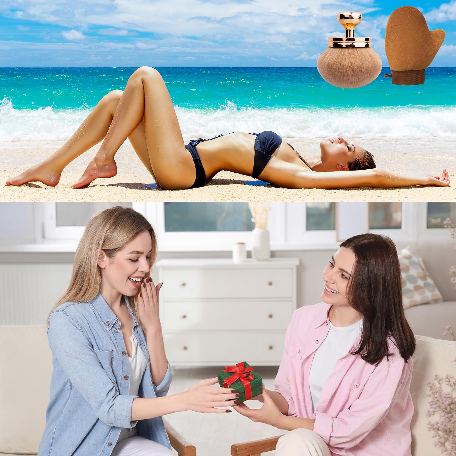 Self Tanning Brushes- Blend & Blur Extra Large Body Makeup Brush & Tanning Mitt, 2 Pcs, Kabuki Body Brush Applicator for Tan, Foundation, Self Tanner Glove for Application, Mousse, Lotion (Rose Gold)