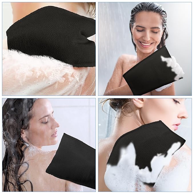 Tatuo 12 Pack Korean Exfoliating Mitt & Cloth, Viscose Rayon Dead Skin Remover Washcloth, Multi Color Body Scrub Towel for Shower Spa Travel(Large,Black)
