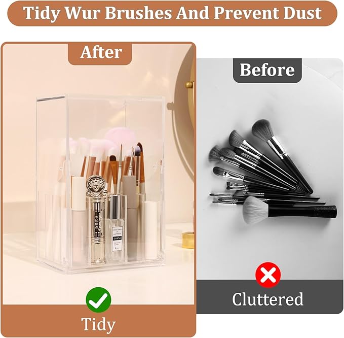 LOHRYVIO Acrylic Makeup Brush Holder with Slanted Flip-Top Lid - Clear Dustproof Cosmetic Make up Brush Organizer and Storage Box - Large Capacity 17-Slots Container for Vanity Brushes (Transparent)