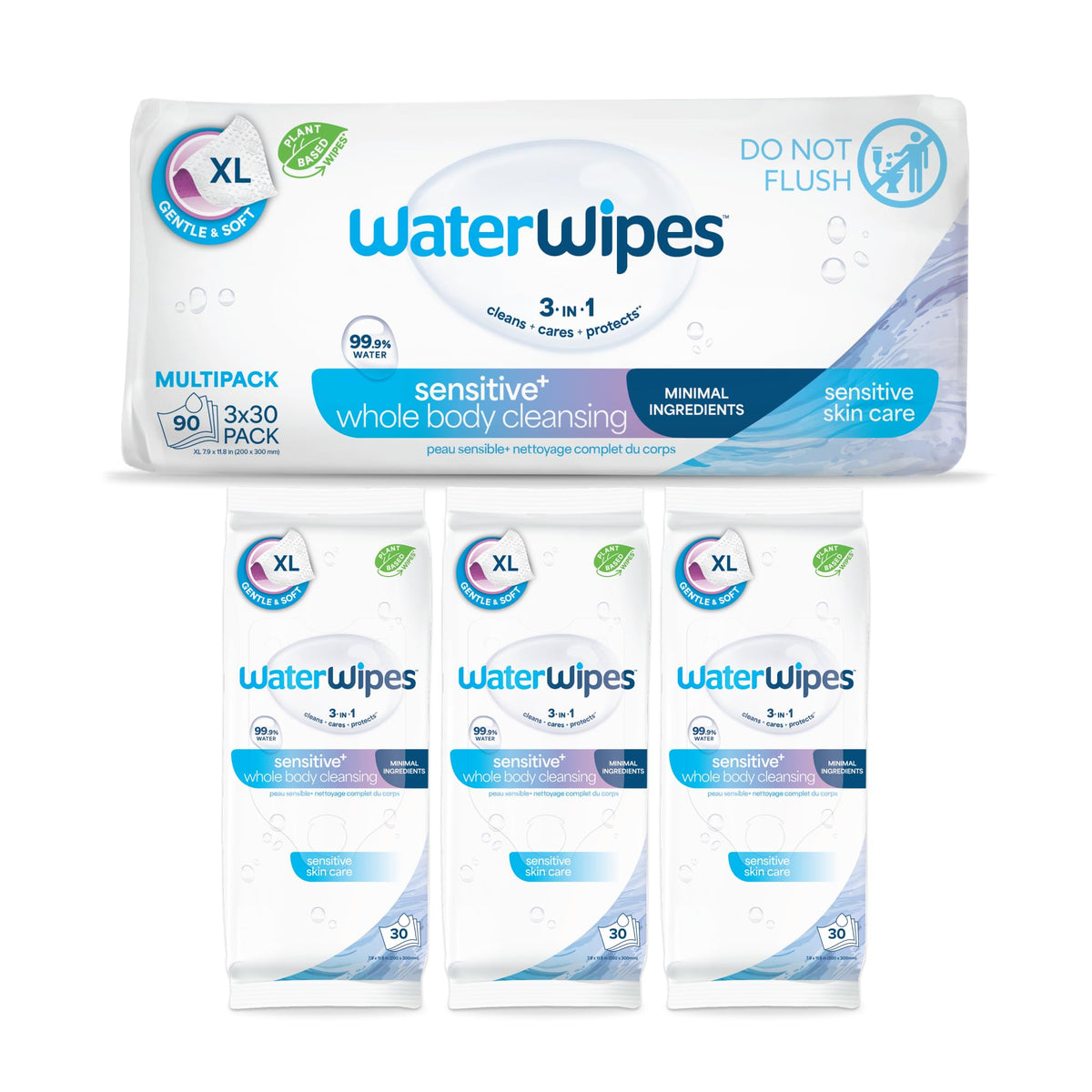 WaterWipes Sensitive Whole Body Cleansing Wipes, 99.9% Purified Water, XL Textured Wipes, Incontinence Care, Fragrance Free, 90 Count