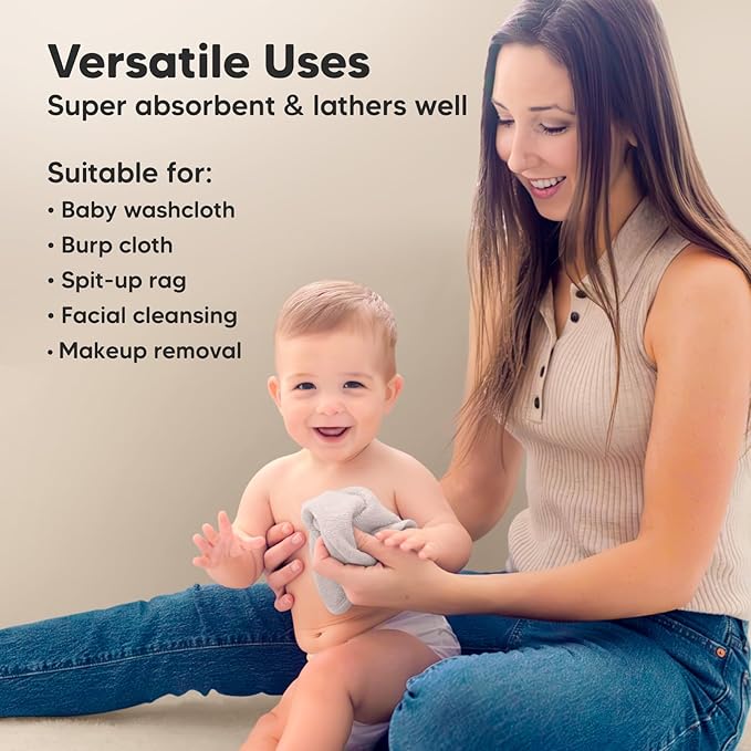 6-Pack Baby Washcloths - Soft Absorbent Viscose from Bamboo Wash Cloths for Babies, Kids, Toddlers, Infant, Newborn Bath Towels, Gentle on Sensitive Skin, 10x10 Reusable Face Towels (Heather)
