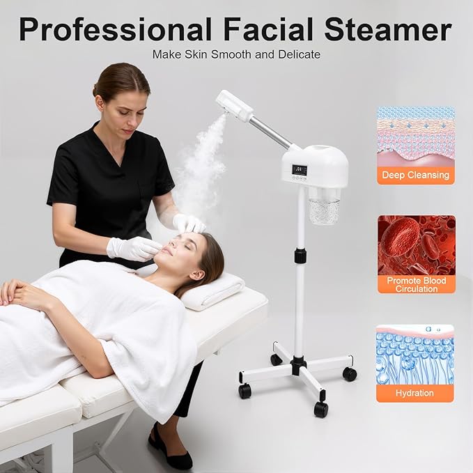 Professional Facial Steamer, Face Steamer for Facial with Hot Mist Function, Free-Standing Ozone Facial Steamer On Wheels, 360° Rotatable Nozzle for Beauty Salon or Home (110)