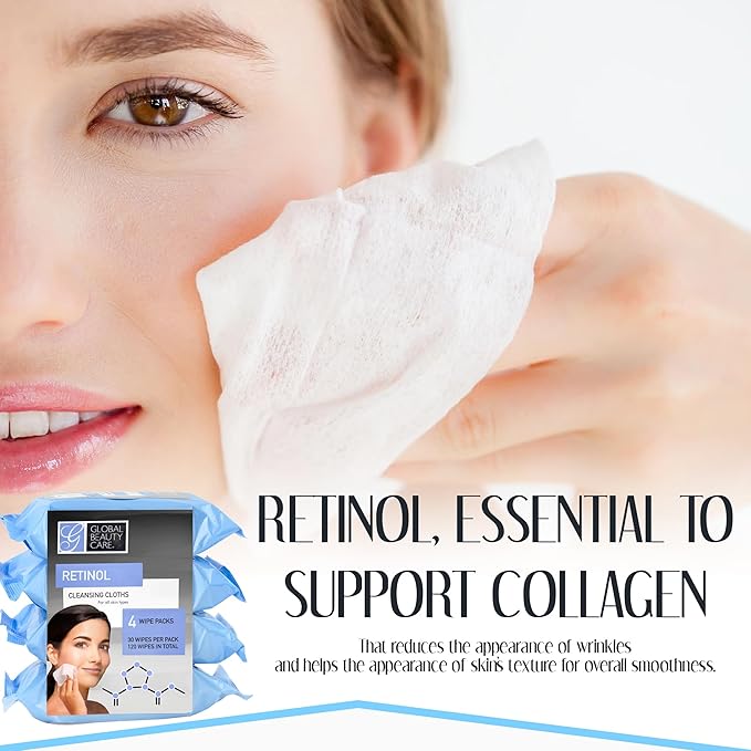 Global Beauty Care Retinol Makeup Remover Wipes with Collagen Renewing Support - Facial Cleansing Cloths, Remove Waterproof Mascara, Oil & Dirt, Texture Smoothing, All Skin Types, 120 Count (4-Pack)