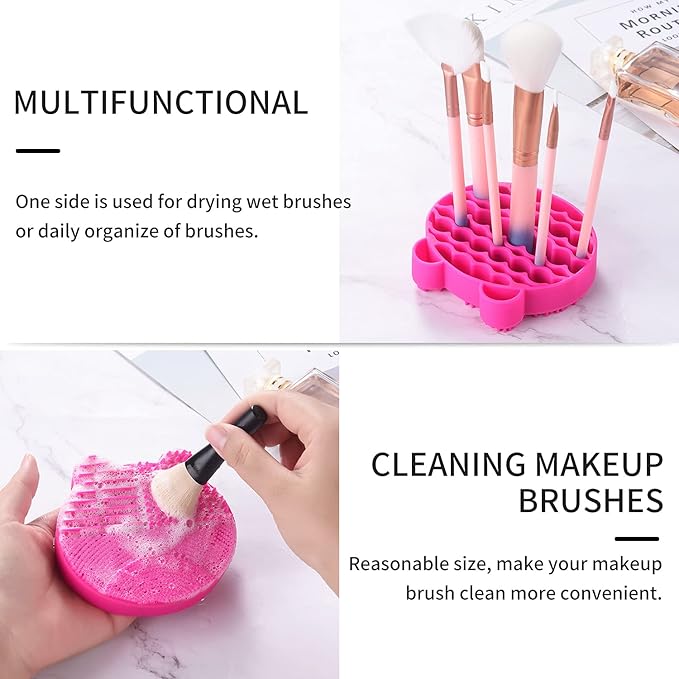 Bird&Fish Silicon Makeup Brush Cleaner Mat & Drying Pad with Carbon Removal Sponge (Rose Red)