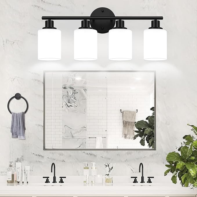 Zarbitta 4-Light Bathroom Light Fixtures, Black Modern Vanity Lights with Milky White Frosted Glass Shades, Bathroom Wall Lamp for Mirror Kitchen Living Room
