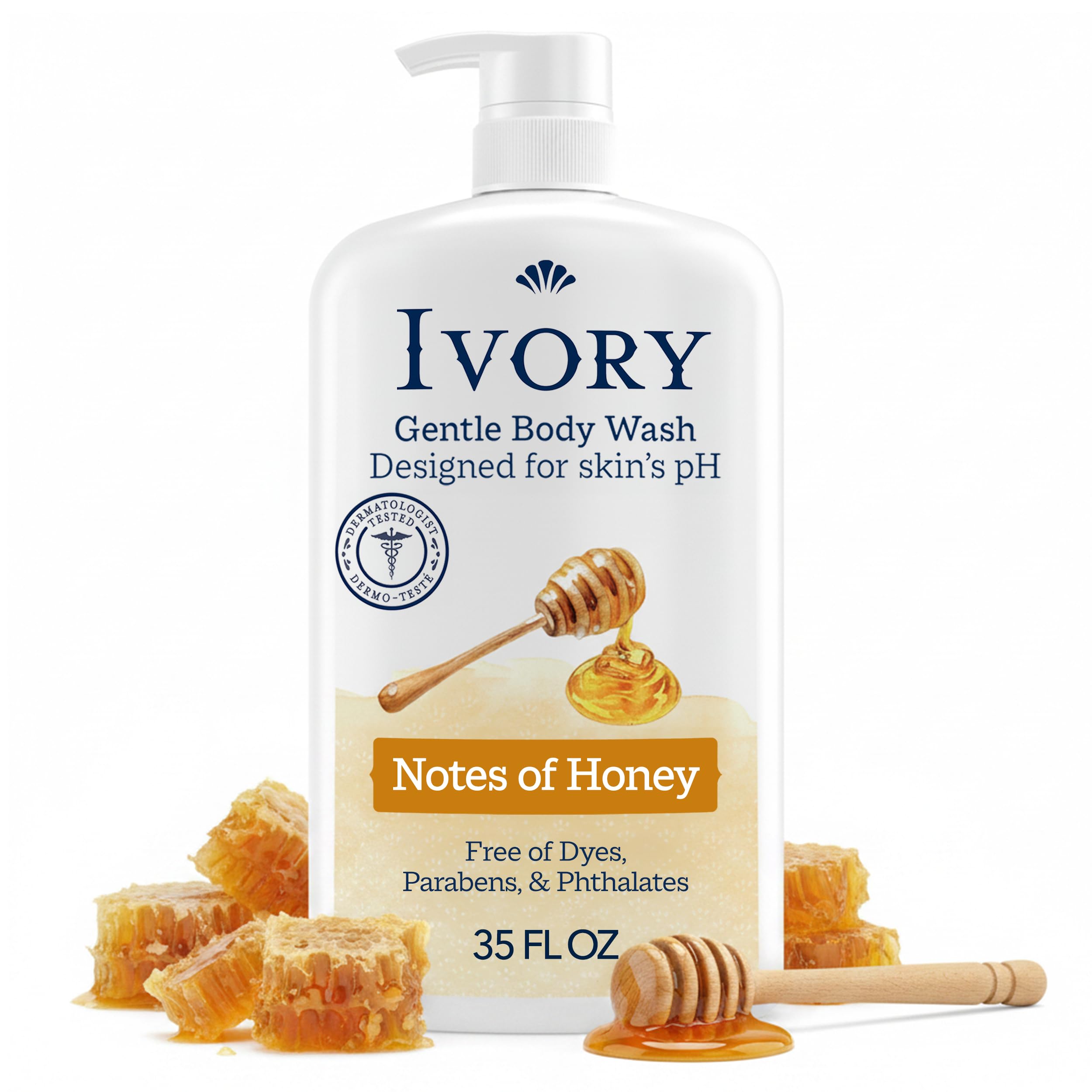 Ivory Body Wash, Designed for the Whole Family, Gentle Formula, Free of Dyes Heavy Perfumes Parabens Phthalates & Silicones, for Sensitive Skin, Designed for Skin's pH, Honey Scent, 35 oz