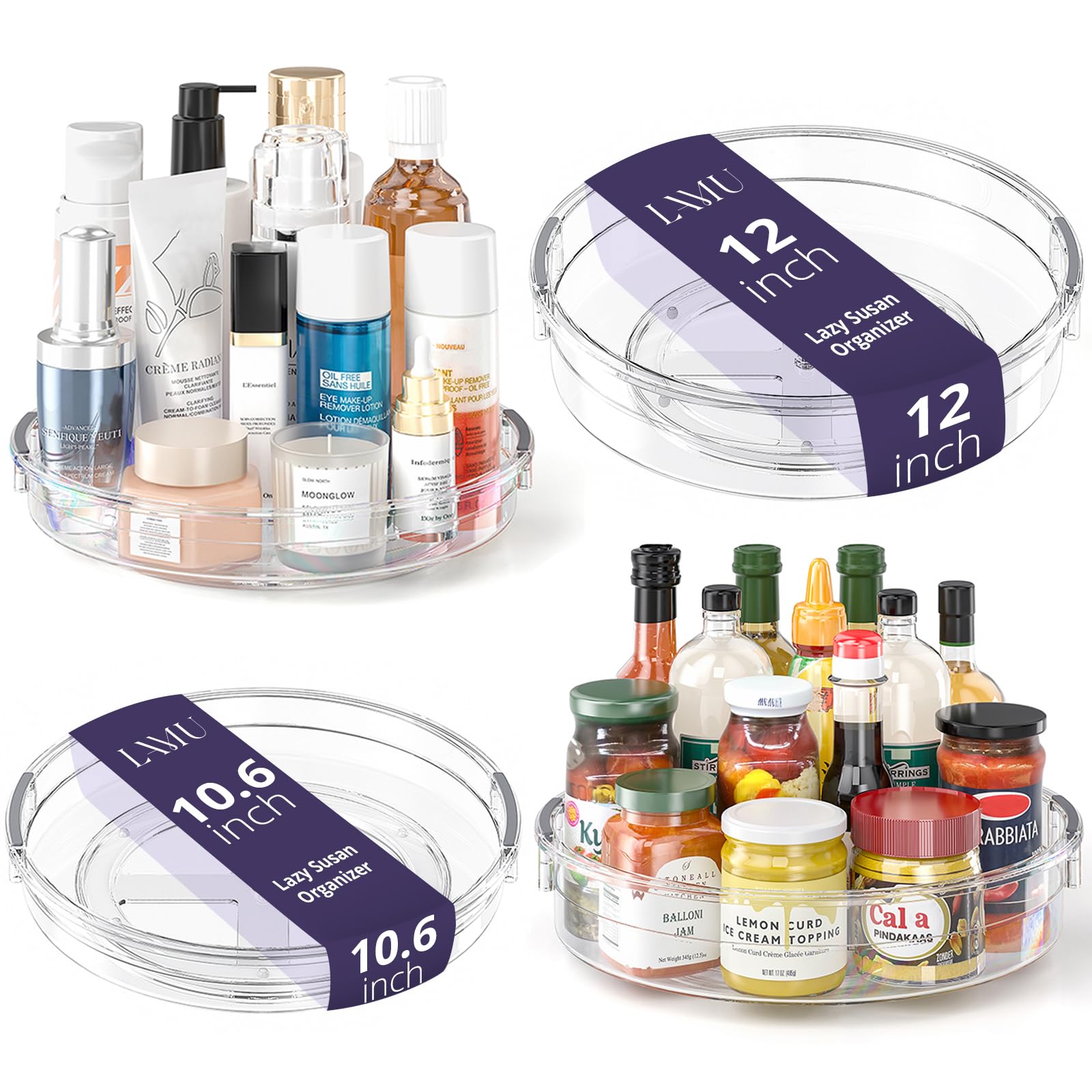 LAMU 4 Pack Lazy Susan Organizer, Clear Lazy Susan Turntable for Cabinet, Refrigerator, Table Top, Kitchen, Bathroom, Pantry Organizers and Storage, 2 Sizes Included 12in, 10.6in