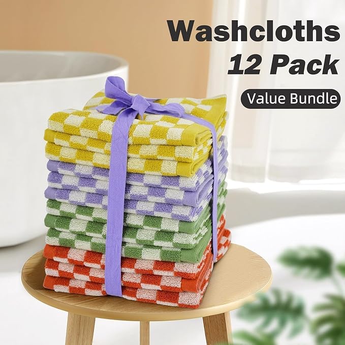 Washcloths 12 Pack Checkered - Wash Cloths for Showering (13"x13")