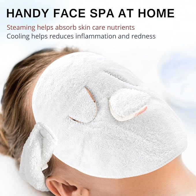 PureSoftness Face Steam Towel with Headband. Reusable Facial Steamer Spa Towels for Women Girls. 2-in-1 Care. Steam Serum Cream Absorption. Cool Calming Moisturizing