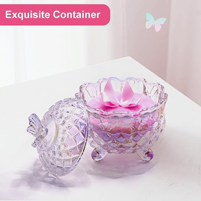 Qopoto 5 Pieces Large Body Powder Puff and Powder Container, Crystal Case for Dust Puff, Powder applicator with Box for Face and Body (Glitter, Butterfly)