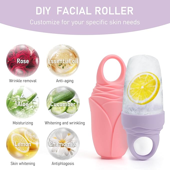 Mabnuby Ice Roller for Face and Eye, Reusable Silicone Ice Facial Roller for Reducing Puffiness, Ice Face Mold Skin Care, Ice Cube Roller Tools for Women - Pink 2 + Purple 1