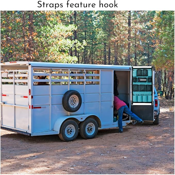 FITLANCE Equine Long Trailer Door Caddy – Horse Trailer Grooming Bag with Pockets, Stall & Barn Organizer, Tack Room Storage, Hanging Hook & Loop Straps + Mounting Hardware Included(Teal)