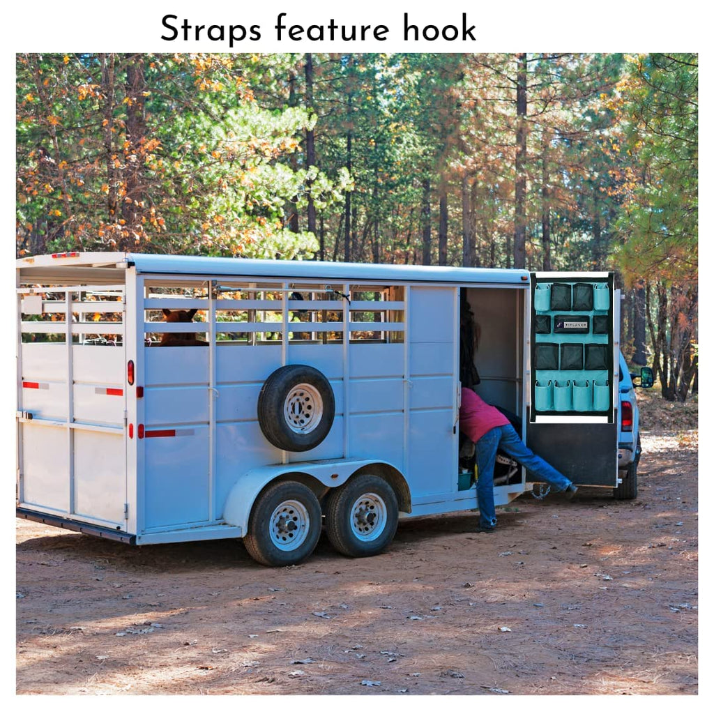 FITLANCE Equine Long Trailer Door Caddy – Horse Trailer Grooming Bag with Pockets, Stall & Barn Organizer, Tack Room Storage, Hanging Hook & Loop Straps + Mounting Hardware Included(Teal)