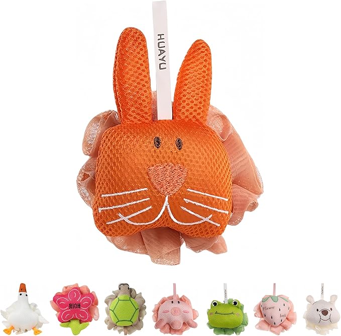 Kids Loofah, Cute Cartoon Animal Kids Bath Sponge with Hanging Rope, Soft Double Mesh for Rich Lather (Little Orange Rabbit)