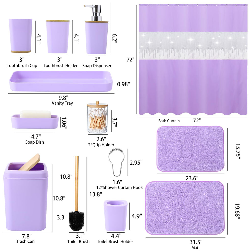 24PCS Bathroom Sets with Shower Curtain and Rugs,Bathroom Sets with Extra Soft and Absorbent Bath Rugs Purple Shower Curtain Set