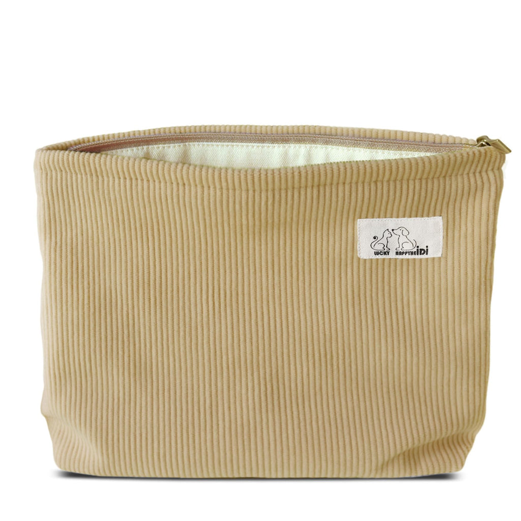 HAPPYHEIDI Cute Corduroy Makeup Bag with Pocket, Large Cosmetic Travel Pouch, Vintage Yellow, Lightweight, Zipper Closure, Canvas Lined