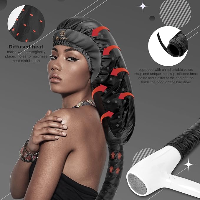 Bonnet Hair Dryer Attachment - Bonnet Hood Dryer with Headband That Reduces Heat Around Ears and Neck, Use for Hair Styling, Hair Drying, Curling and Deep Conditioning (Extended Version, Black)