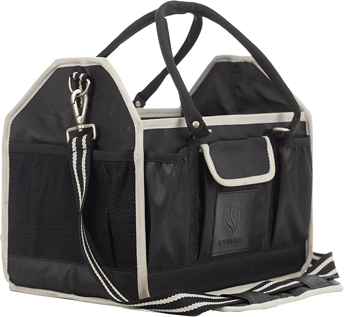 Equinavia Darby Large Collapsible Grooming Tote Bag for Horses, Dogs, Cats | Organizer with Shoulder Strap | 9" x 13" x 12" - Black/Silver - One Size
