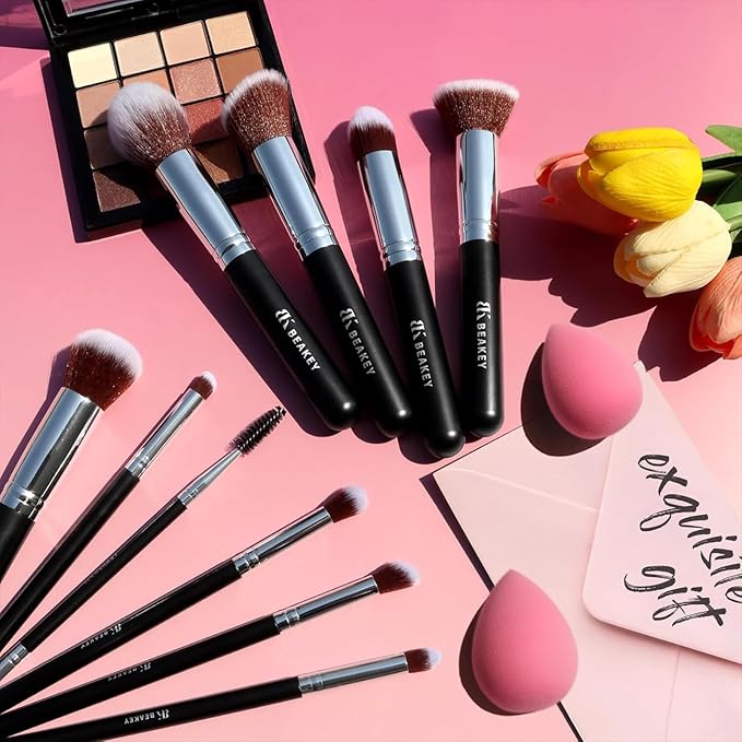 BEAKEY Makeup Brushes Set, Professional Foundation Eyeshadow Concealer Blush Powder Bronzer Applicator, 2 Blender Sponge with Beauty Paper Case