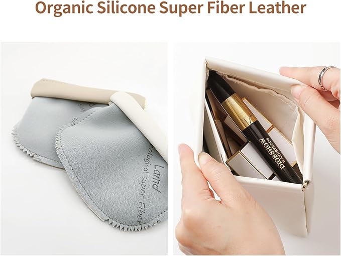MEIBOOCH 2 Pack Small Makeup Bag for Women, New Organosilicon Super Fiber PU Leather Mini Cosmetic Bag for Travel, Coin Purse Organizer Storage Pouch (Cream)