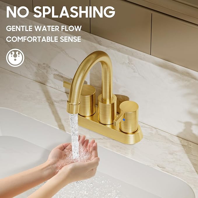 Brushed Gold 4 Inch 2 Handle Centerset Lead-Free Bathroom Faucet, Swivel Spout with Copper Pop Up Drain and 2 Water Supply Lines, BF015-1-BG