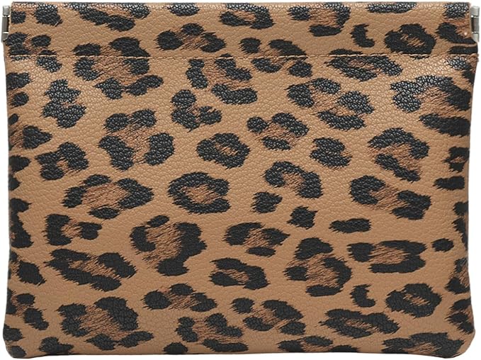 Ksriylm Leopard Leather Small Makeup Pouch for Women,Cosmetic Accessories Organizer,Waterproof and Portable Cosmetic Bag,Self-closing, No Zipper, Aesthetic Storage Pouch,Lipstick for Purse,Brown