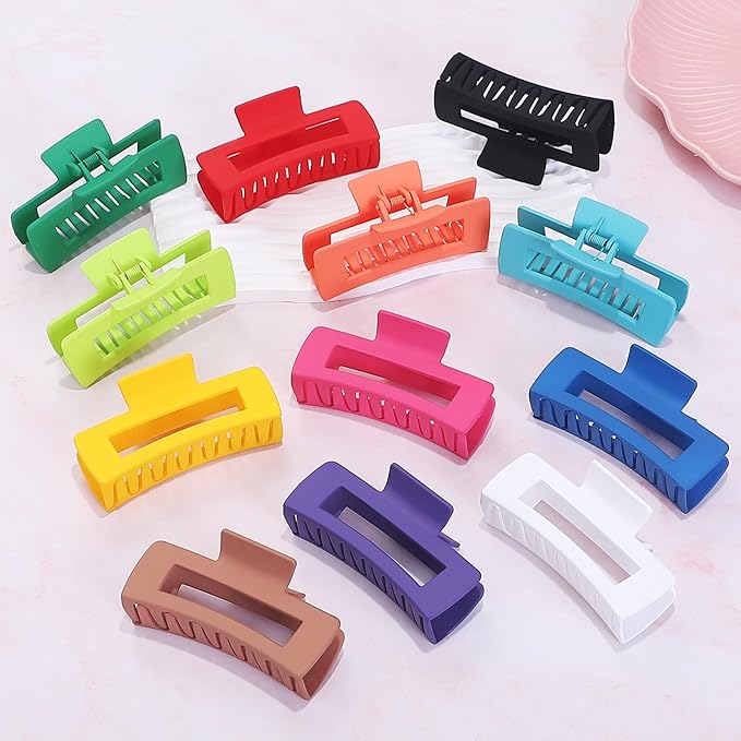 Sisiaipu 4.1 Inch Jumbo Claw Clips for Thick Hair - 12 Pcs Square Hair Accessories for Women and Girls - Dopamine
