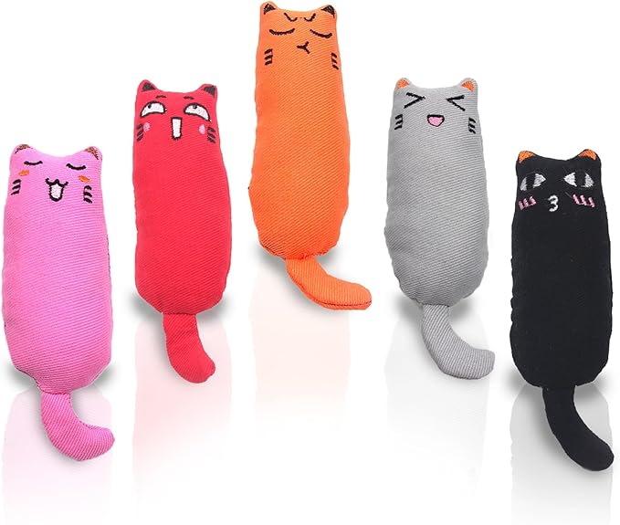 Vila Plush Cat Chews with Catnip, Feline Mood Enhancer, Oral Care Assistant, Gum Massager, Exercise and Entertainment Treat, Cotton Fabric, Orange, Red, Gray, Pink, Black, 5 Pcs per Pack