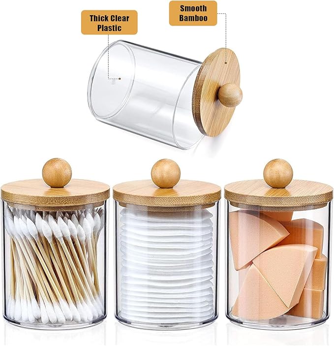 DIYOHFE 3PCS Acrylic Qtip Dispensers Holders With Wood lid, Clear Bathroom Round Countertop Storage Organizer Canister for Cotton Balls,Swabs,Pads,Bath Salts ,Makeup Sponges,Tooth Floss