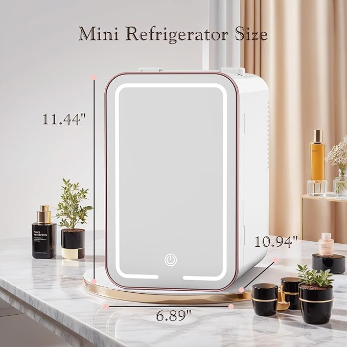 YLFU Mini Fridge for Bedroom, 6L Skincare Fridge with LED Mirror for Dorm & Office, Portable Cooler & Warmer Small Compact Refrigerator for Skincare, Makeup and Cosmetics