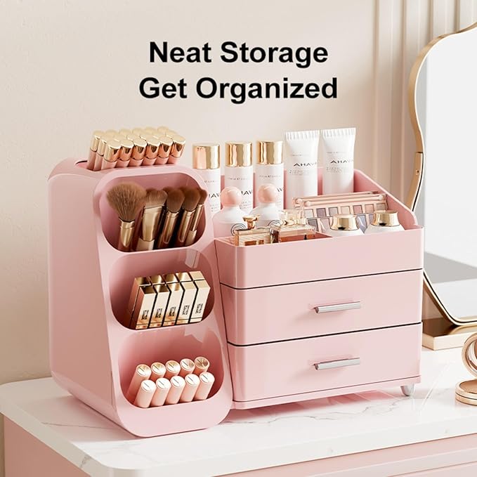 Booklov Large Makeup Organizer for Vanity Countertop, Pink
