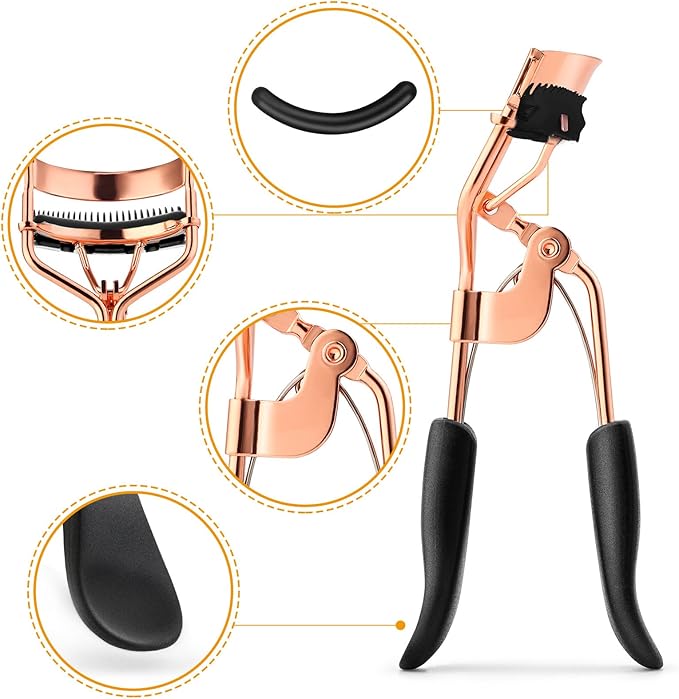 Eyelash Curler Kit Metal Eye Lashes Curler，Professional Makeup Tool with Built-in Comb Eye with 10 Replacement Refill Pads Get Dramatically Curled Eyelashes for Women Girl (Rose Gold)