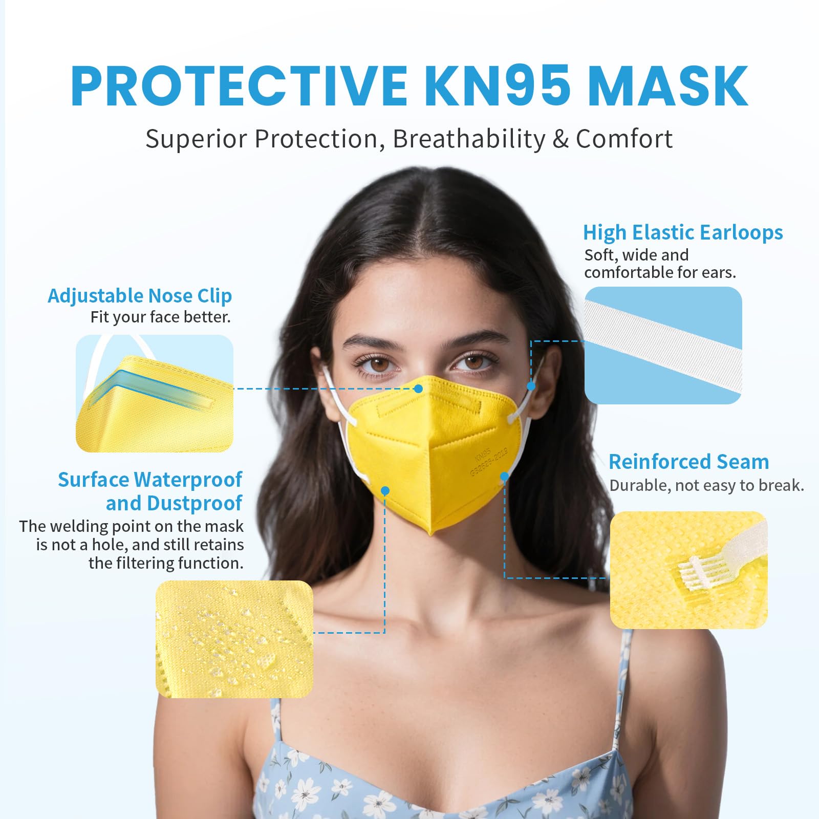 akgk KN95 Face Mask 50 PCS, Breathable Protection Masks, 5-Ply KN95 Yellow Masks, Cup Dust Safety Masks