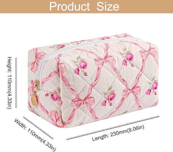 HHQQWZ Travel Makeup Bag, Cosmetic Bag for Women Girls, Floral Flowers Toiletry Organizer, Portable Storage Bag, Pink Bowknot/Gold Zipper