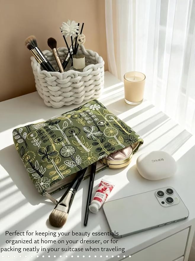 RIKMOXR Embroidery Floral Makeup Bag for Women - Large Cosmetic Pouch | Compact Travel Toiletry Organizer (Zipper Gift for Girls Teens) ﻿