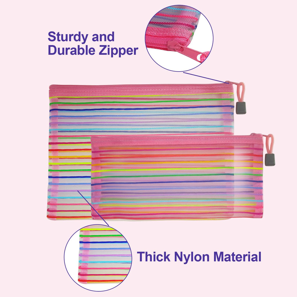 CarryEpic Mesh Bags with Zipper (6 Pack), Nylon Makeup Bag Cosmetic Pouches Travel Organizer Case for Purse Diaper Bag Home Organizing Striped Multi Size Pink