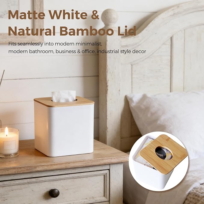 Tissue Box Cover Square, Modern White Facial Tissue Holder with Bamboo Lid