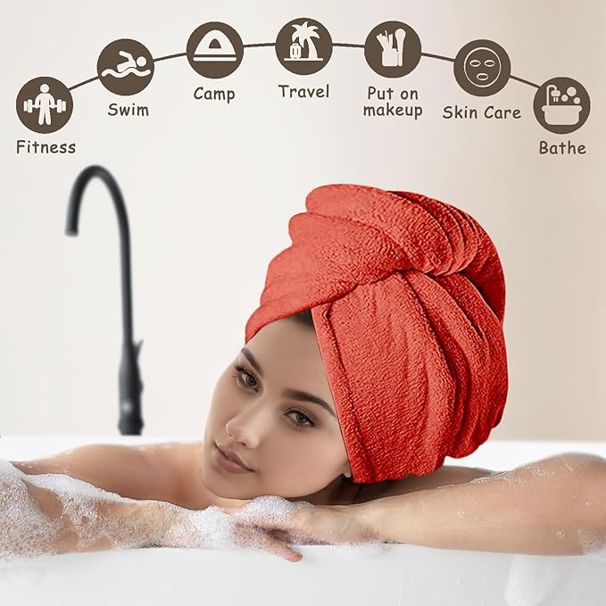 3 Pack Microfiber Hair Towel Wrap for Women, Fast Drying Hair Turban with Button, Anti-Frizz Large Hair Towel for All Hair Styles, Soft & Absorbent Hair Drying Towel(Red,Bule,Purple)