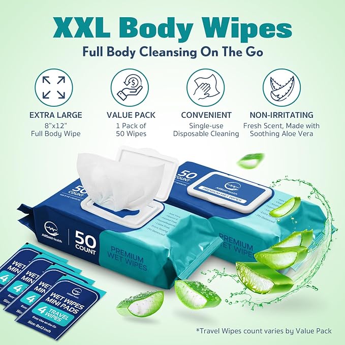 Body Wipes for Adults Bathing No Rinse - Adult Wipes for Elderly 8"x 12"(200 count) Shower No Rinse, Incontinence Disposable Washcloths, Aloe Vera, Vitamin E + 4 individual Packs
