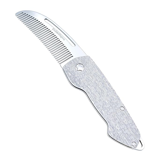 Dolmifapro Small Folding Mustache Comb, Metal Beard Comb for men EDC Pocket Mini Portable Fits In Keychain Anti-Static (Wood Grain)