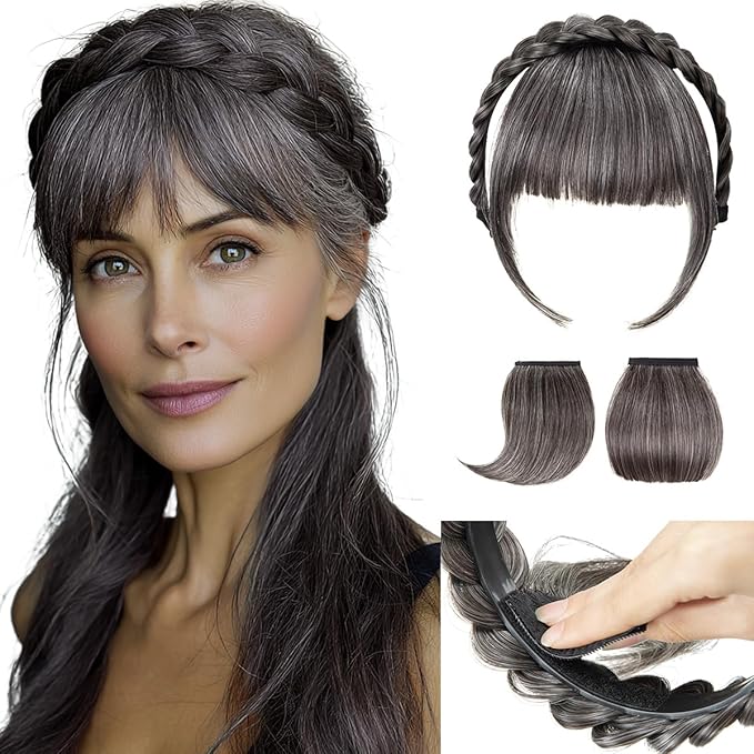 SARLA Braided Headband with 3 Detachable Clip in Bangs Fringe Hairpieces Fake Synthetic Hair Band Bangs for Women Pepper Grey
