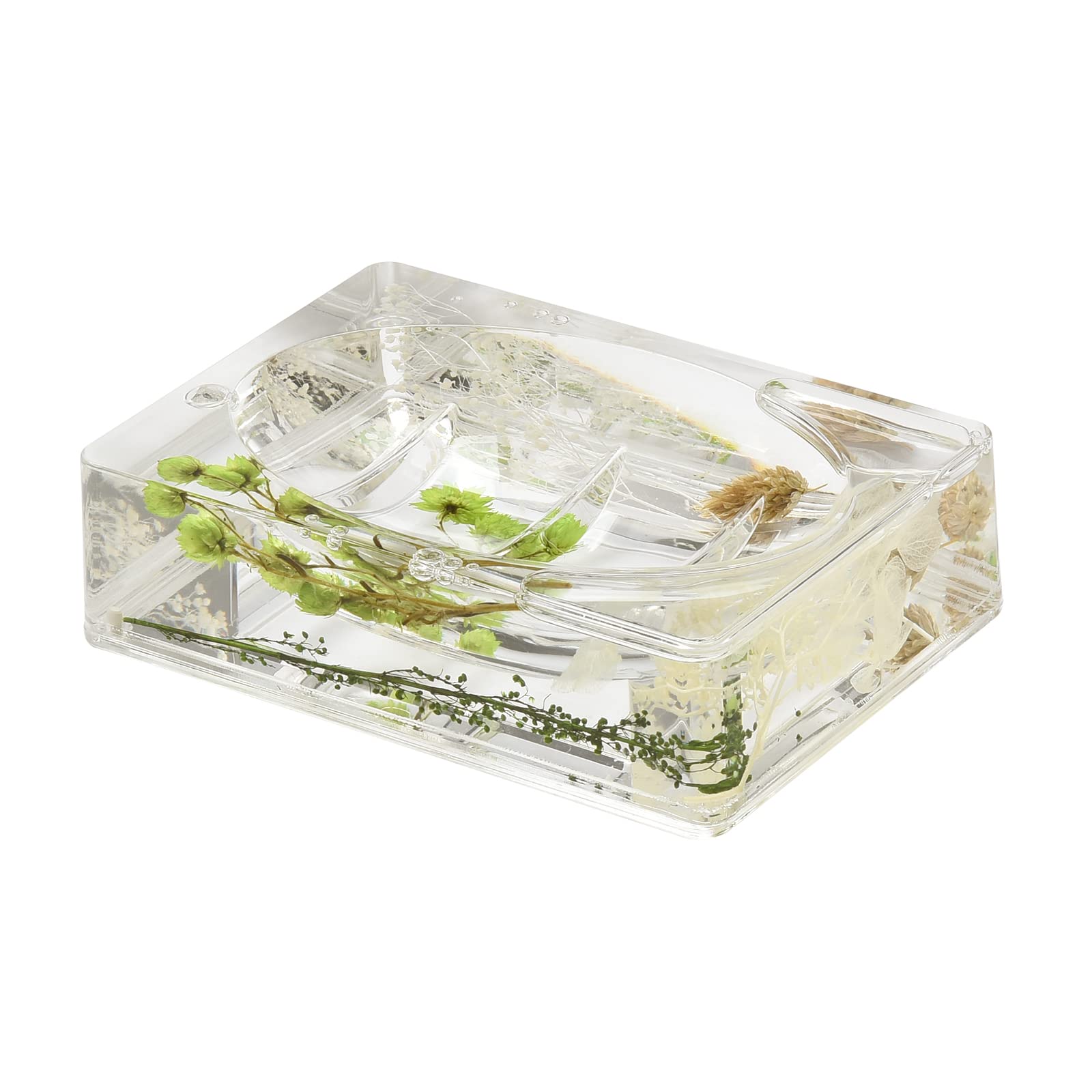 Locco Decor 5 Piece Acrylic Liquid 4D Floating Motion Bathroom Vanity Accessory Set Garden Botanic Green Plants Toothbrush Holder, Tumbler, Soap Dispenser, Soap Dish, Toiletbrush Holder Set